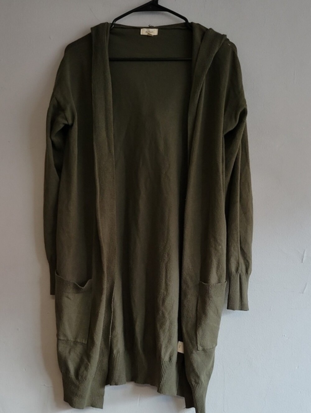 Women's small/medium olive green hooded open front long cardigan